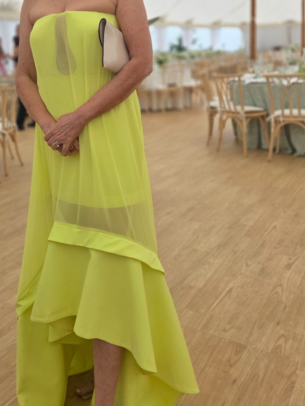 BCBG Strapless High-Low Dress in Neon Lime